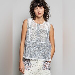 POL Printed Woven Lace Back Round Neck Sleeveless Top